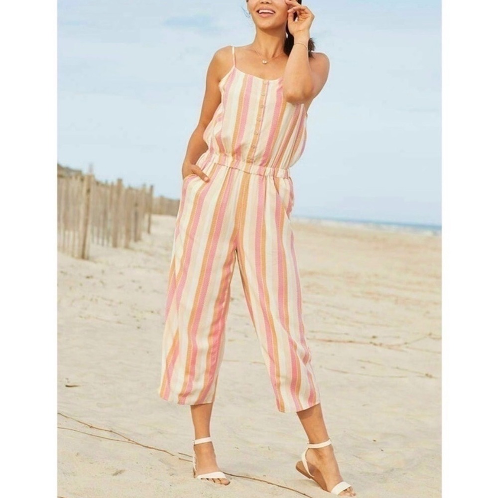 Matilda Jane Pink & Orange Stripe Take A‎ Chance Cropped Jumpsuit Size Medium